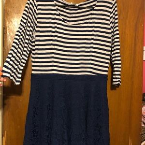 Three Quarter Sleeve Stripe and Lace Dress